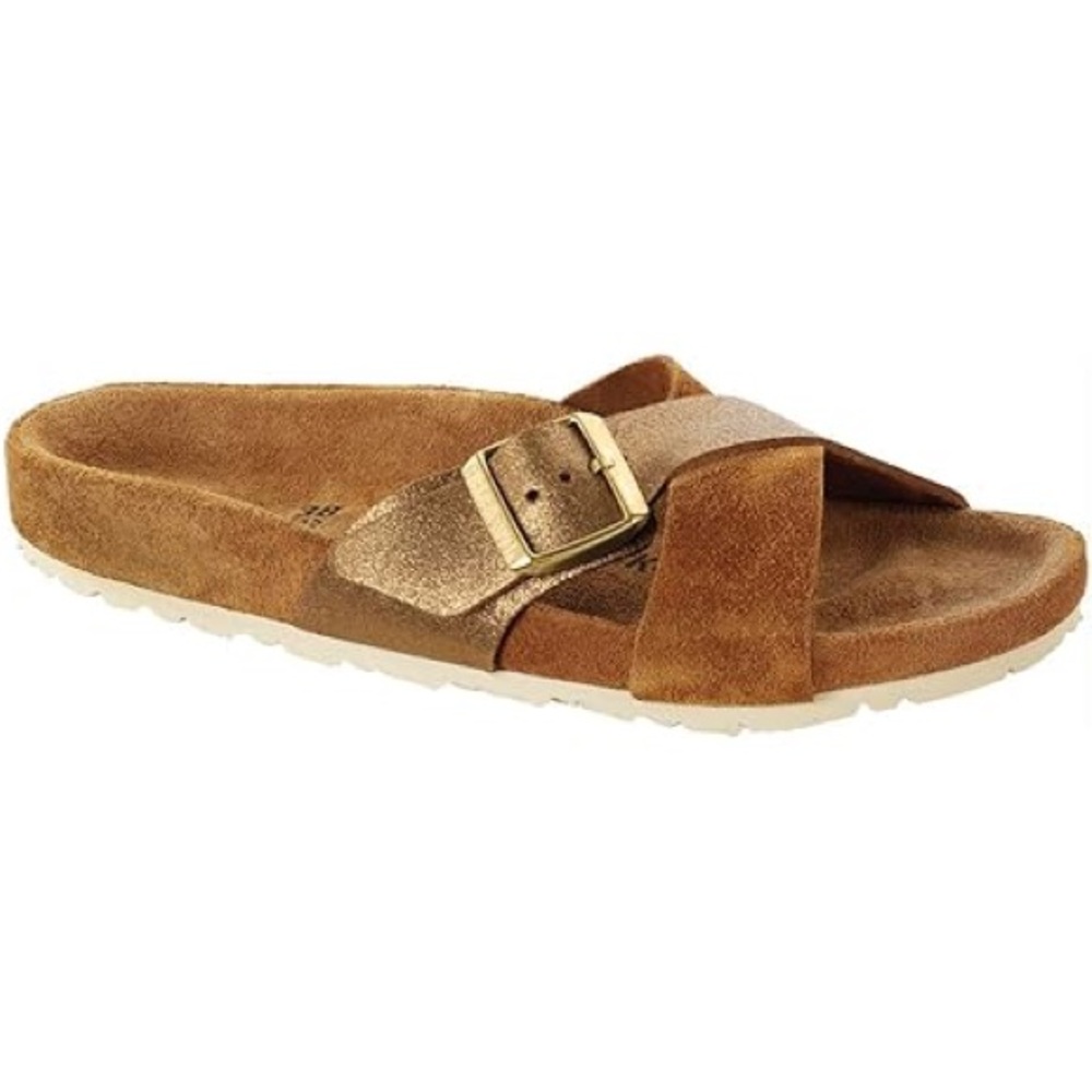 Birkenstock Brown Suede Cross-Strap Sandal with Gold Buckle